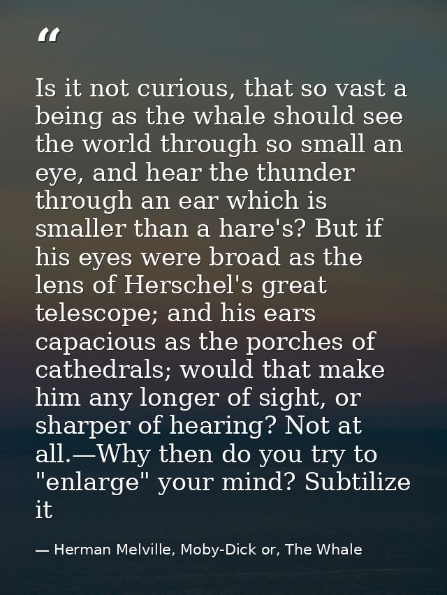 Is it not curious, that so vast a being as the whale should see the world through so small an eye, and hear the thunder  — Herman Melville, Moby-Dick or, The Whale