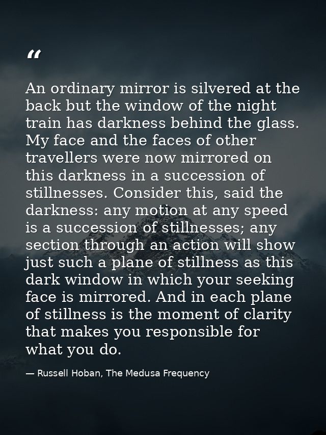 An ordinary mirror is silvered at the back but the window of the night train has darkness behind the glass. My face and  — Russell Hoban, The Medusa Frequency