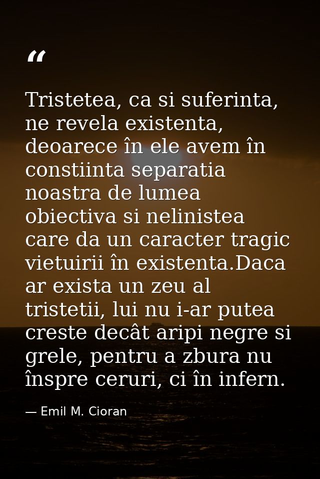 Tristetea, ca si suferinta, ne revela existenta, deoarece în ele avem în constiinta separatia noastra de lumea obiectiva — Emil M. Cioran