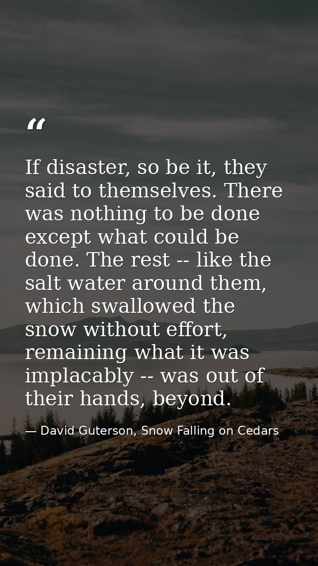 If disaster, so be it, they said to themselves. There was nothing to be done except what could be done. The rest -- like — David Guterson, Snow Falling on Cedars