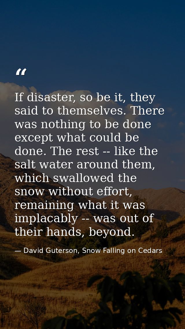 If disaster, so be it, they said to themselves. There was nothing to be done except what could be done. The rest -- like — David Guterson, Snow Falling on Cedars
