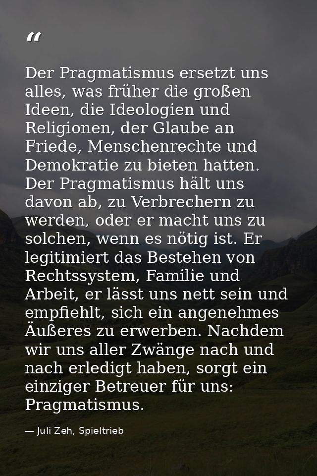 Der Pragmatismus ersetzt uns alles, was früher die großen Ideen, die Ideologien und Religionen, der Glaube an Friede, Me — Juli Zeh, Spieltrieb