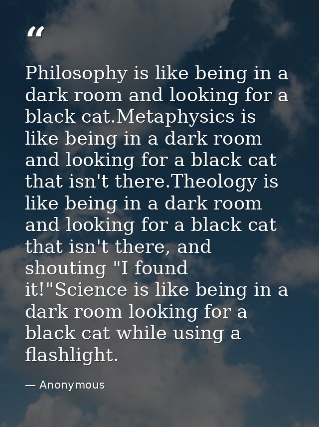 Philosophy is like being in a dark room and looking for a black cat.Metaphysics is like being in a dark room and looking — Anonymous
