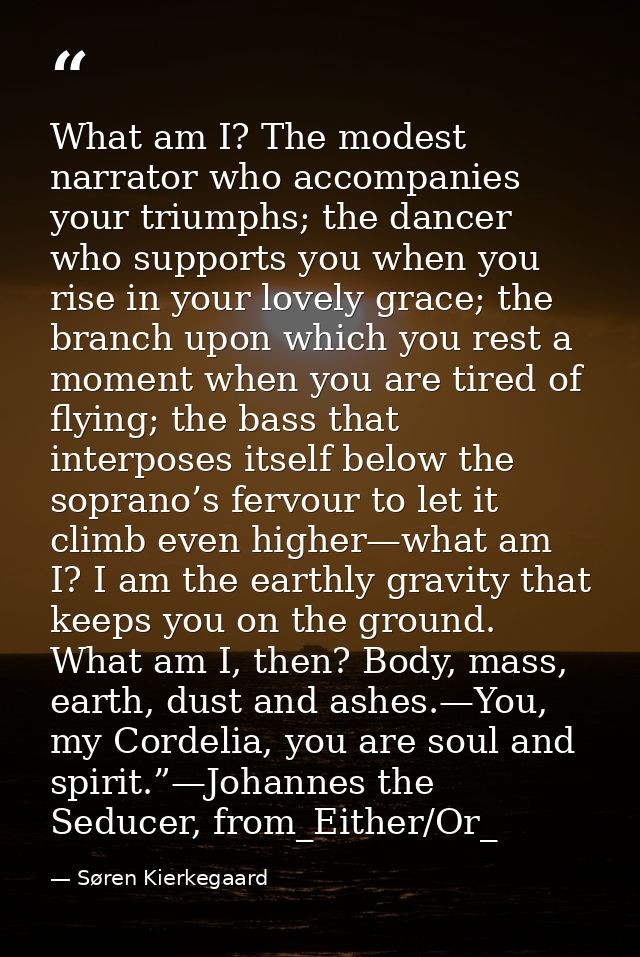 What am I? The modest narrator who accompanies your triumphs; the dancer who supports you when you rise in your lovely g — Søren Kierkegaard