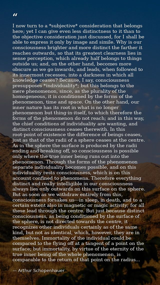 I now turn to a *subjective* consideration that belongs here; yet I can give even less distinctness to it than to the ob — Arthur Schopenhauer
