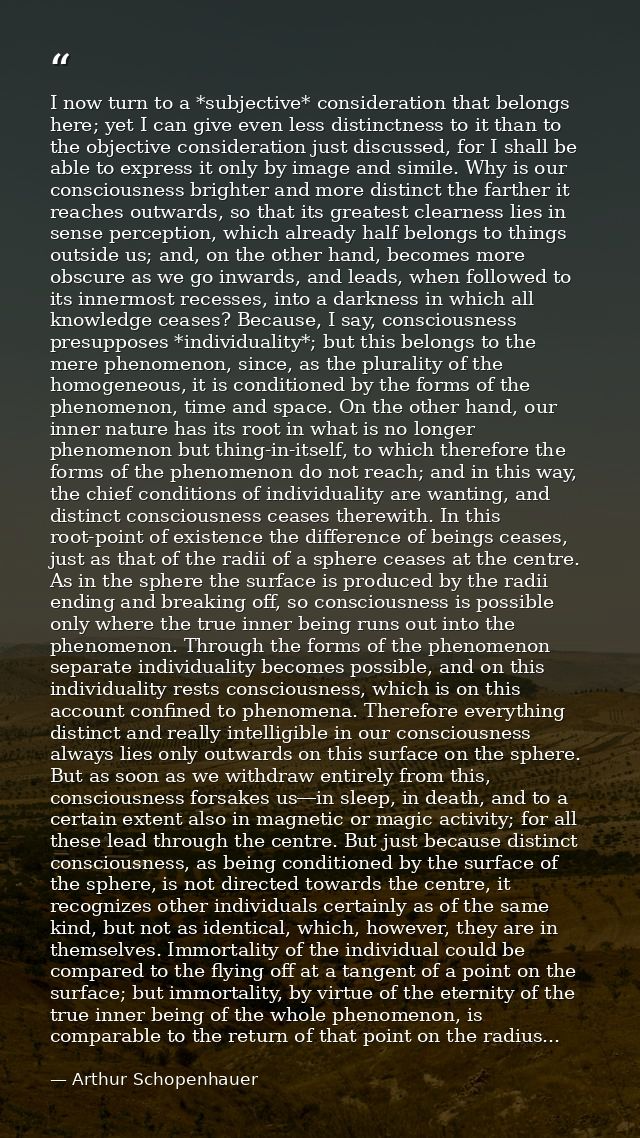 I now turn to a *subjective* consideration that belongs here; yet I can give even less distinctness to it than to the ob — Arthur Schopenhauer