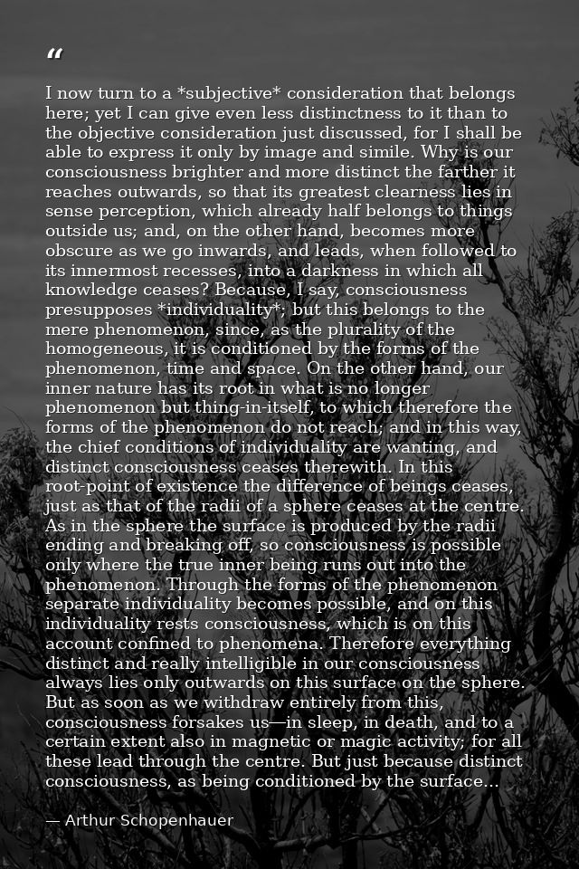 I now turn to a *subjective* consideration that belongs here; yet I can give even less distinctness to it than to the ob — Arthur Schopenhauer