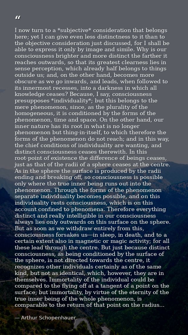 I now turn to a *subjective* consideration that belongs here; yet I can give even less distinctness to it than to the ob — Arthur Schopenhauer