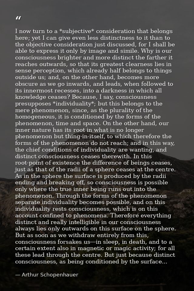 I now turn to a *subjective* consideration that belongs here; yet I can give even less distinctness to it than to the ob — Arthur Schopenhauer