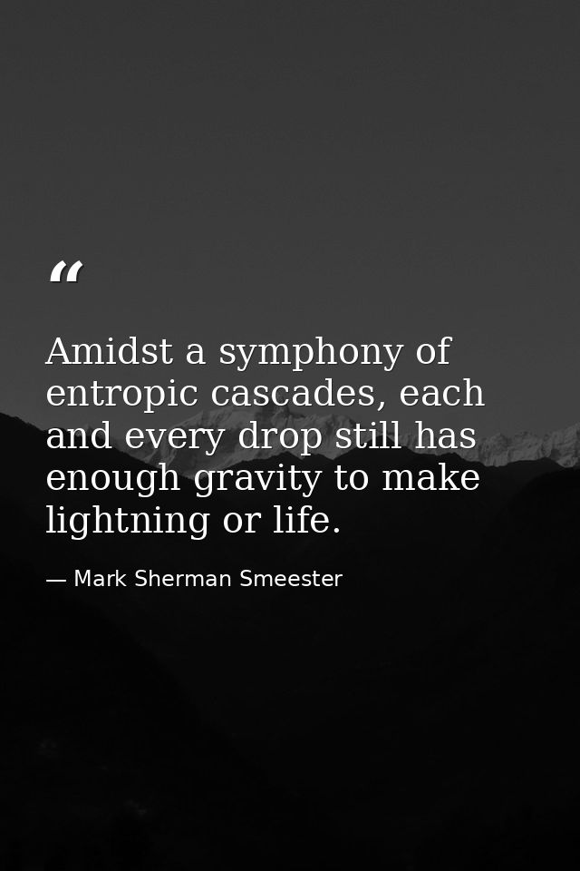 Amidst a symphony of entropic cascades, each and every drop still has enough gravity to make lightning or life. — Mark Sherman Smeester