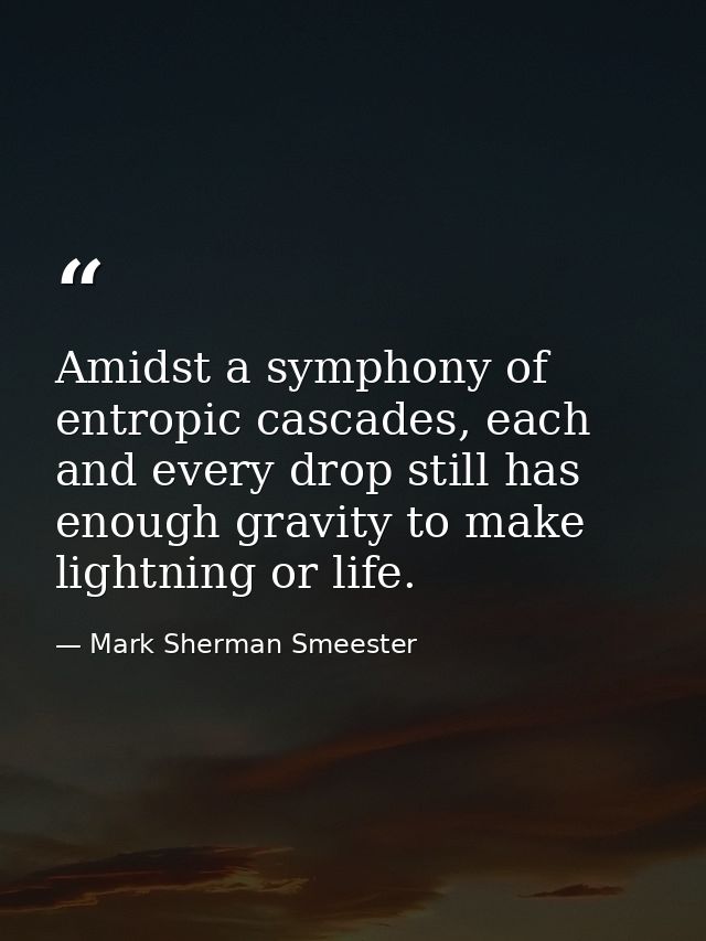 Amidst a symphony of entropic cascades, each and every drop still has enough gravity to make lightning or life. — Mark Sherman Smeester