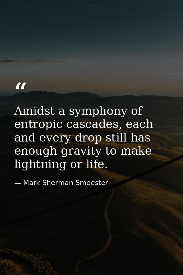 Amidst a symphony of entropic cascades, each and every drop still has enough gravity to make lightning or life. — Mark Sherman Smeester