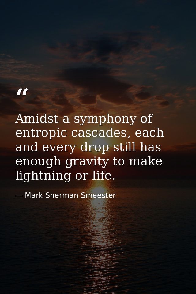 Amidst a symphony of entropic cascades, each and every drop still has enough gravity to make lightning or life. — Mark Sherman Smeester