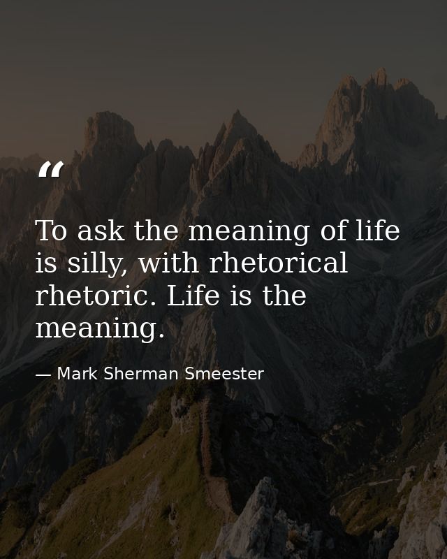 To ask the meaning of life is silly, with rhetorical rhetoric. Life is the meaning. — Mark Sherman Smeester