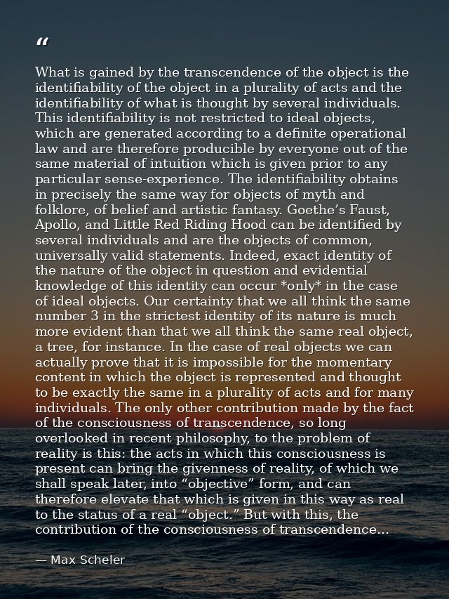 What is gained by the transcendence of the object is the identifiability of the object in a plurality of acts and the id — Max Scheler