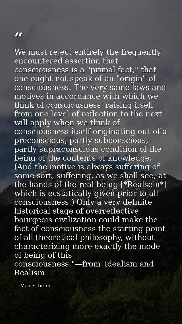 We must reject entirely the frequently encountered assertion that consciousness is a "primal fact," that one ought not s — Max Scheler