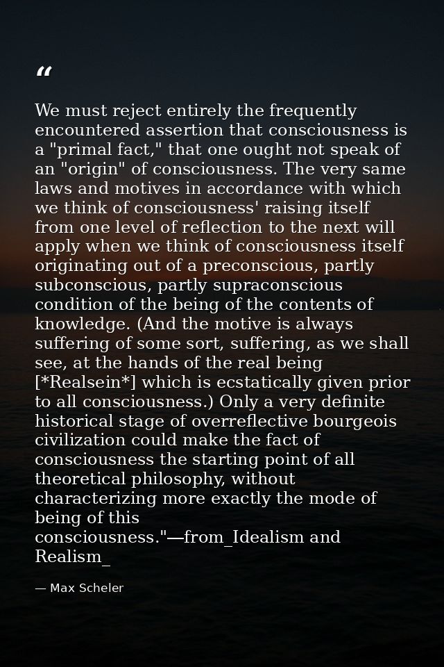 We must reject entirely the frequently encountered assertion that consciousness is a "primal fact," that one ought not s — Max Scheler