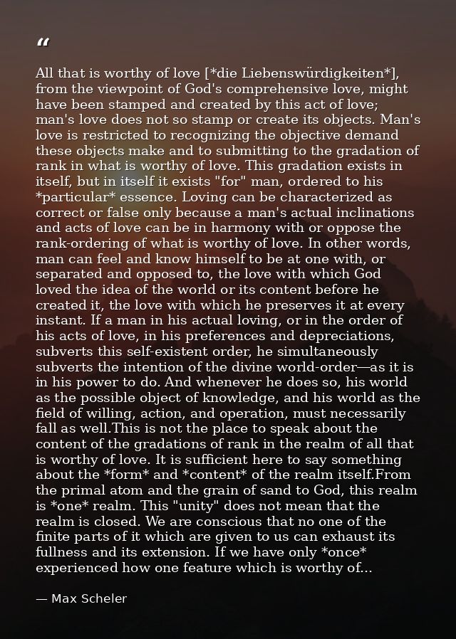 All that is worthy of love [*die Liebenswürdigkeiten*], from the viewpoint of God's comprehensive love, might have been  — Max Scheler