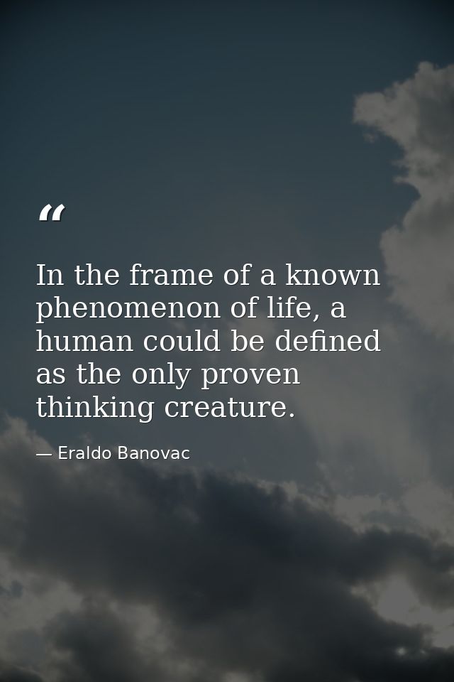 In the frame of a known phenomenon of life, a human could be defined as the only proven thinking creature. — Eraldo Banovac