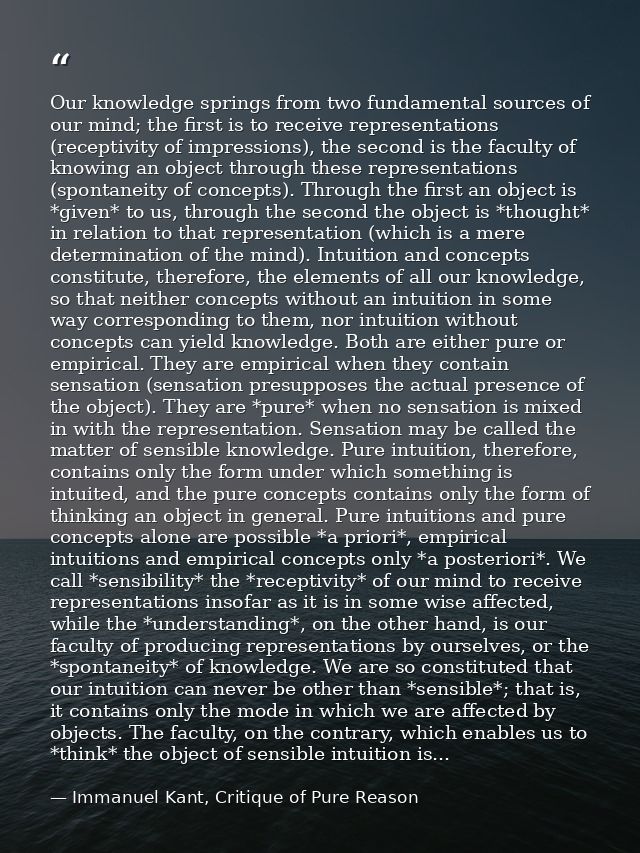 Our knowledge springs from two fundamental sources of our mind; the first is to receive representations (receptivity of  — Immanuel Kant, Critique of Pure Reason