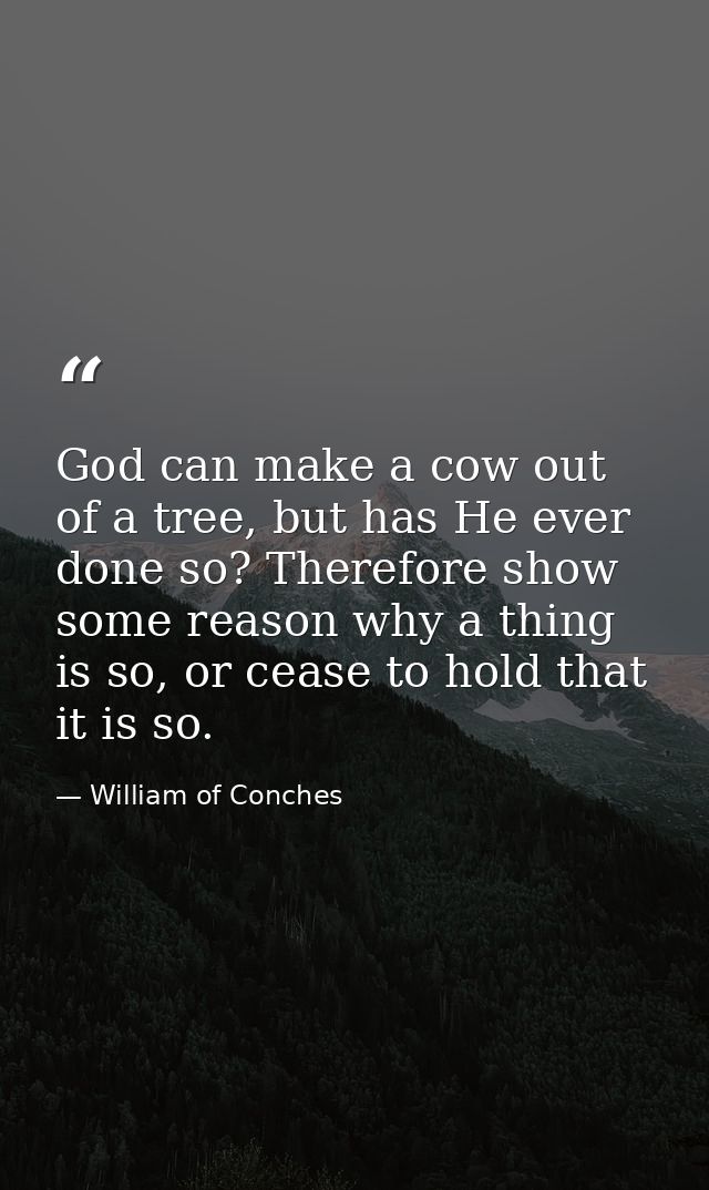 God can make a cow out of a tree, but has He ever done so? Therefore show some reason why a thing is so, or cease to hol — William of Conches