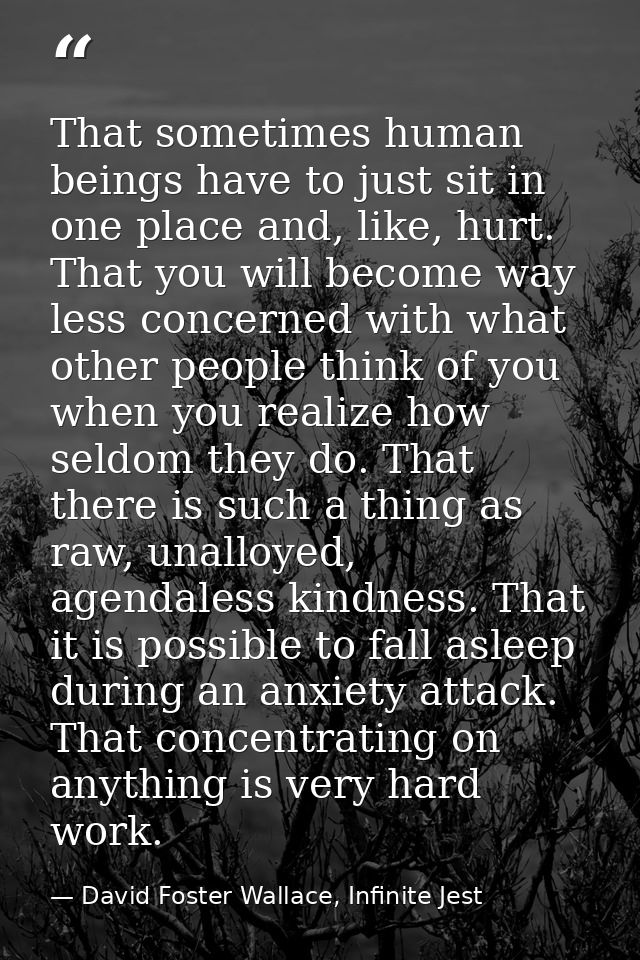 That sometimes human beings have to just sit in one place and, like, hurt. That you will become way less concerned with  — David Foster Wallace, Infinite Jest