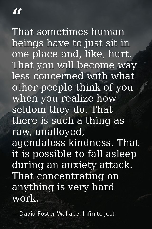 That sometimes human beings have to just sit in one place and, like, hurt. That you will become way less concerned with  — David Foster Wallace, Infinite Jest