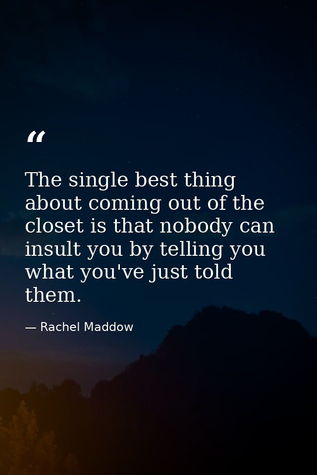 The single best thing about coming out of the closet is that nobody can insult you by telling you what you've just told  — Rachel Maddow