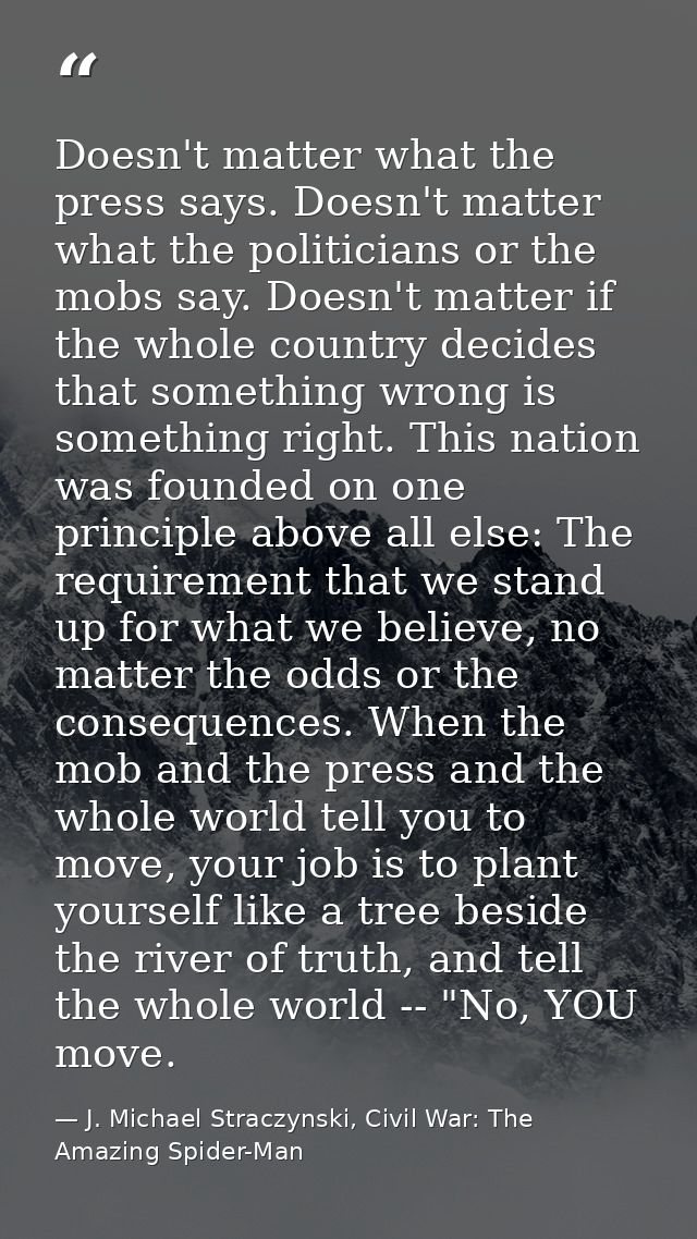 Doesn't matter what the press says. Doesn't matter what the politicians or the mobs say. Doesn't matter if the whole cou — J. Michael Straczynski, Civil War: The Amazing Spider-Man