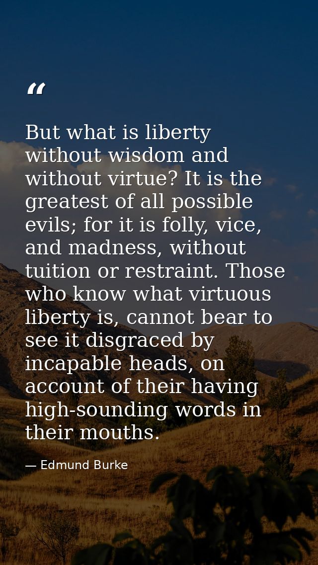 But what is liberty without wisdom and without virtue? It is the greatest of all possible evils; for it is folly, vice,  — Edmund Burke