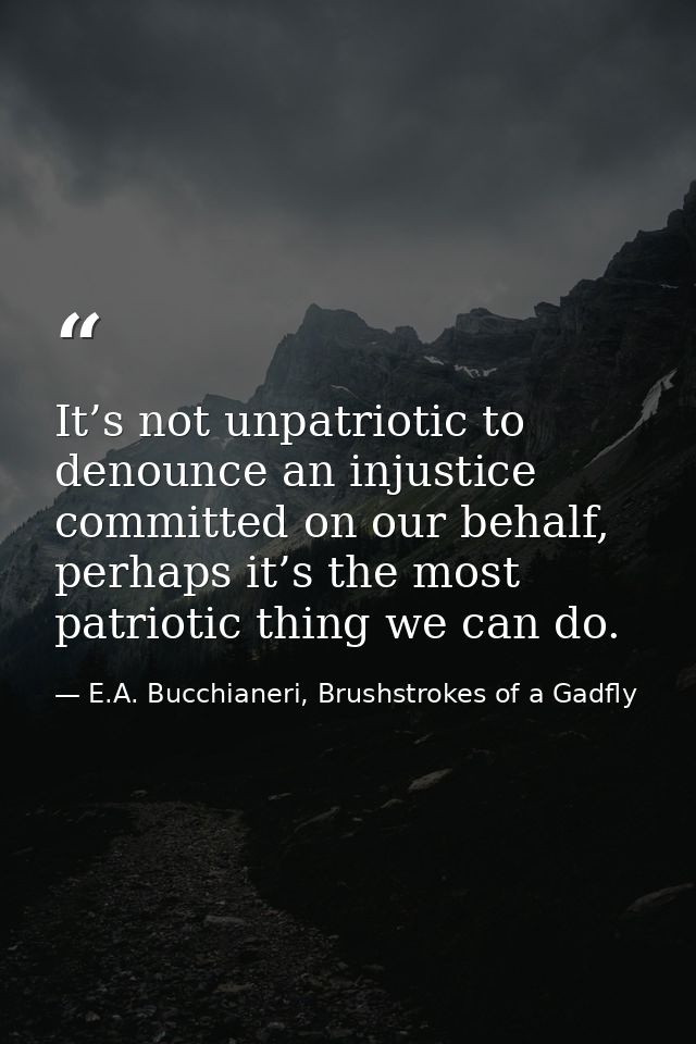 It’s not unpatriotic to denounce an injustice committed on our behalf, perhaps it’s the most patriotic thing we can do. — E.A. Bucchianeri, Brushstrokes of a Gadfly
