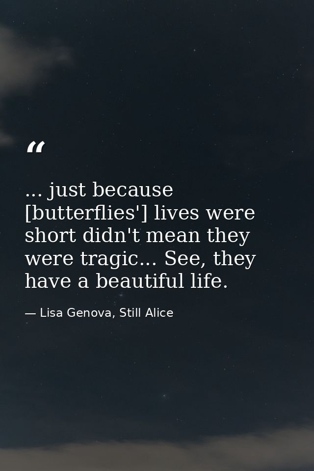 ... just because [butterflies'] lives were short didn't mean they were tragic... See, they have a beautiful life. — Lisa Genova, Still Alice