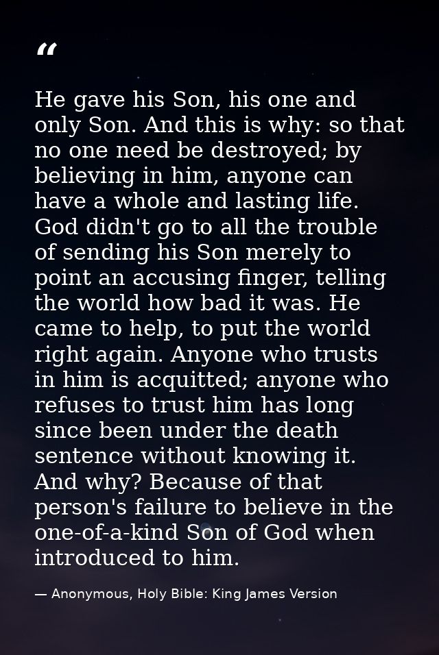 He gave his Son, his one and only Son. And this is why: so that no one need be destroyed; by believing in him, anyone ca — Anonymous, Holy Bible: King James Version