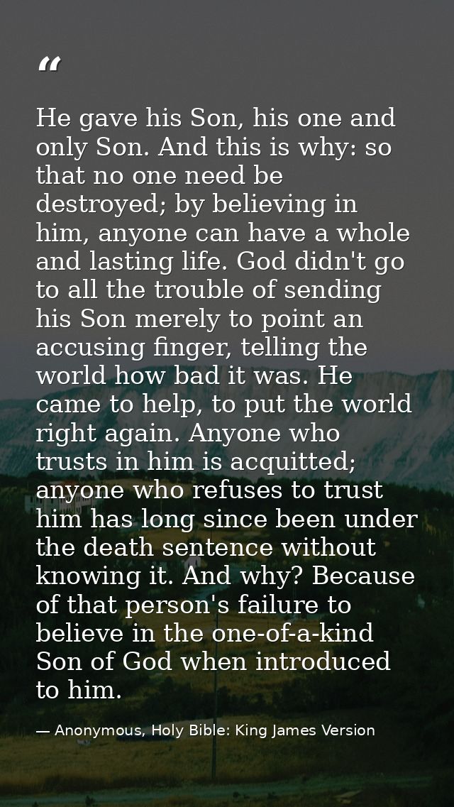 He gave his Son, his one and only Son. And this is why: so that no one need be destroyed; by believing in him, anyone ca — Anonymous, Holy Bible: King James Version