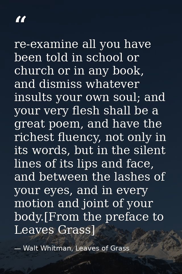 re-examine all you have been told in school or church or in any book, and dismiss whatever insults your own soul; and yo — Walt Whitman, Leaves of Grass