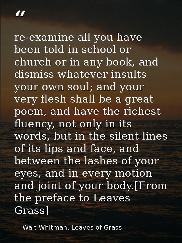 re-examine all you have been told in school or church or in any book, and dismiss whatever insults your own soul; and yo — Walt Whitman, Leaves of Grass