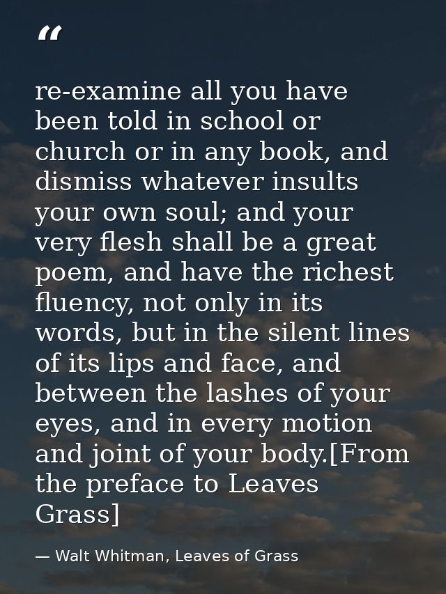 re-examine all you have been told in school or church or in any book, and dismiss whatever insults your own soul; and yo — Walt Whitman, Leaves of Grass