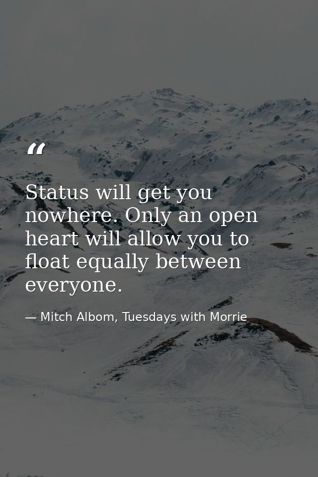 Status will get you nowhere. Only an open heart will allow you to float equally between everyone. — Mitch Albom, Tuesdays with Morrie