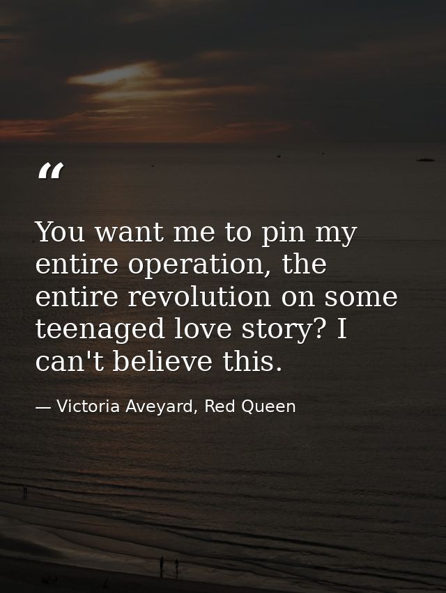 You want me to pin my entire operation, the entire revolution on some teenaged love story? I can't believe this. — Victoria Aveyard, Red Queen