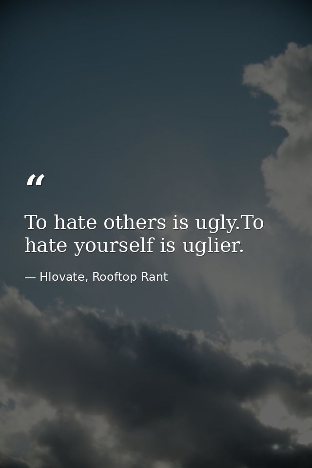 To hate others is ugly.To hate yourself is uglier. — Hlovate, Rooftop Rant