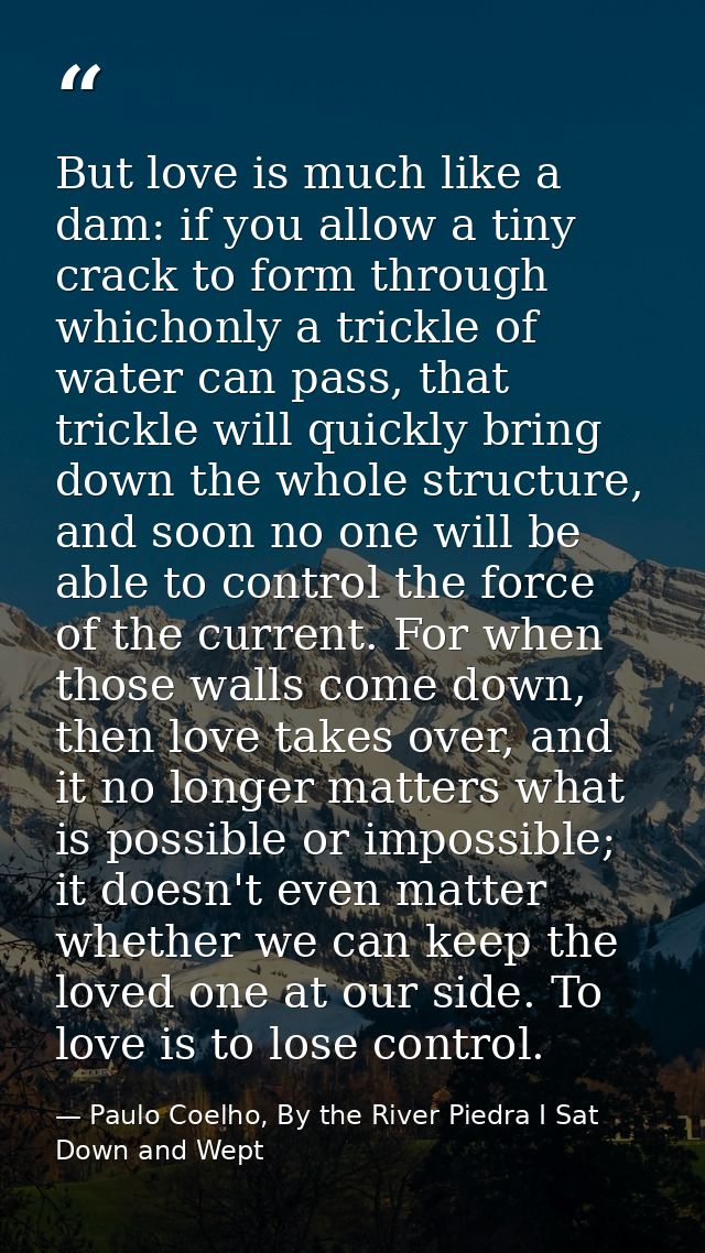 But love is much like a dam: if you allow a tiny crack to form through whichonly a trickle of water can pass, that trick — Paulo Coelho, By the River Piedra I Sat Down and Wept