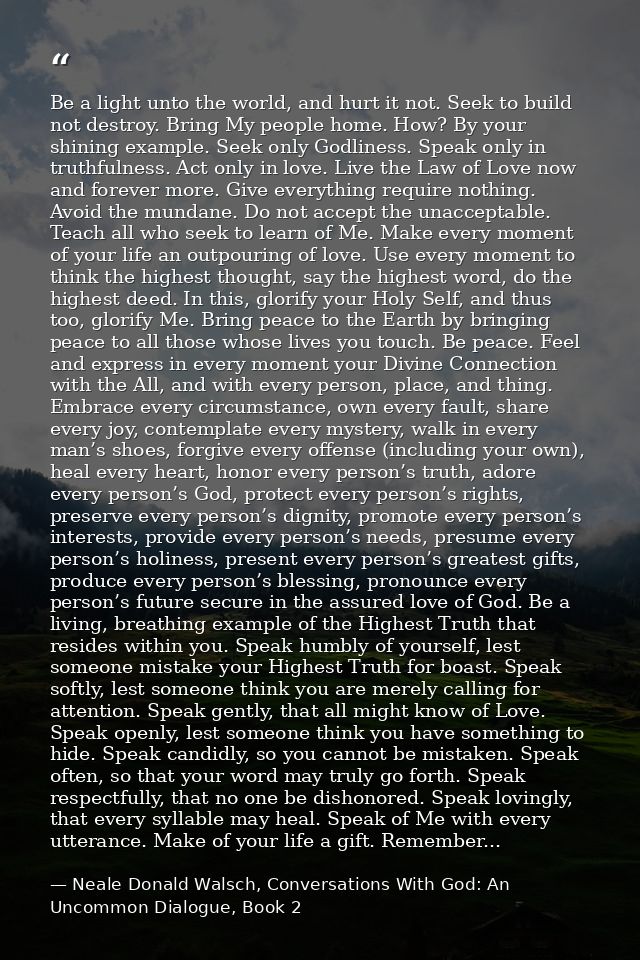 Be a light unto the world, and hurt it not. Seek to build not destroy. Bring My people home. How? By your shining exampl — Neale Donald Walsch, Conversations With God: An Uncommon Dialogue, Book 2