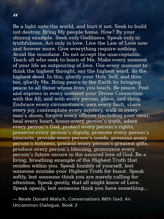 Be a light unto the world, and hurt it not. Seek to build not destroy. Bring My people home. How? By your shining exampl — Neale Donald Walsch, Conversations With God: An Uncommon Dialogue, Book 2