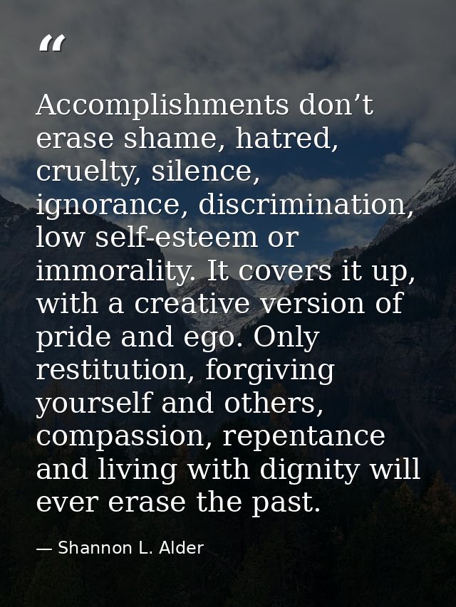 Accomplishments don’t erase shame, hatred, cruelty, silence, ignorance, discrimination, low self-esteem or immorality. I — Shannon L. Alder