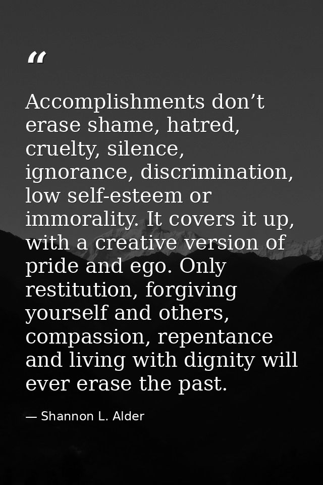 Accomplishments don’t erase shame, hatred, cruelty, silence, ignorance, discrimination, low self-esteem or immorality. I — Shannon L. Alder