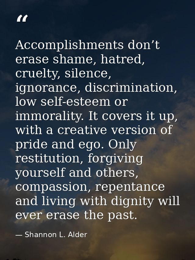 Accomplishments don’t erase shame, hatred, cruelty, silence, ignorance, discrimination, low self-esteem or immorality. I — Shannon L. Alder