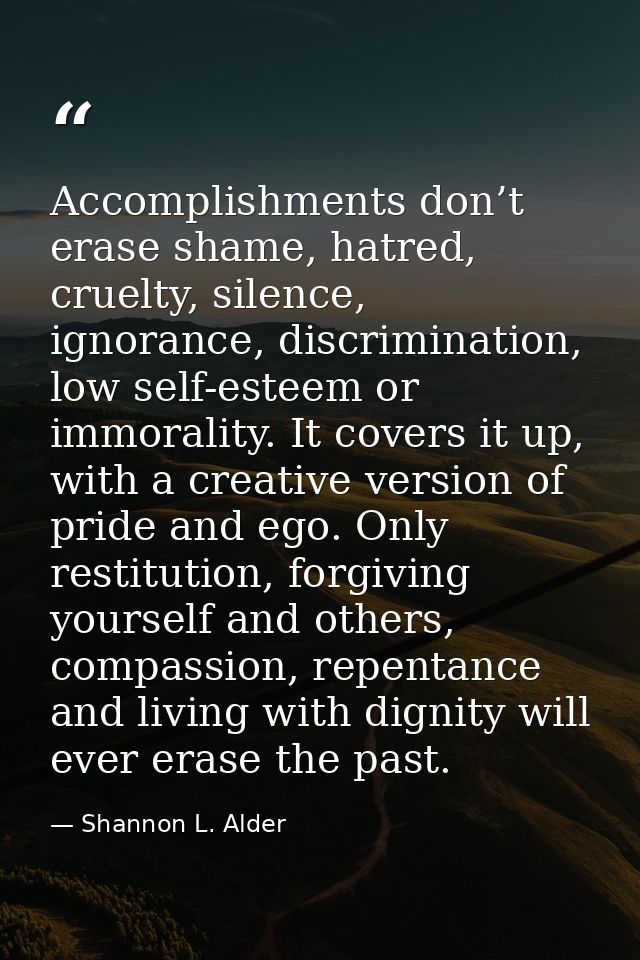 Accomplishments don’t erase shame, hatred, cruelty, silence, ignorance, discrimination, low self-esteem or immorality. I — Shannon L. Alder