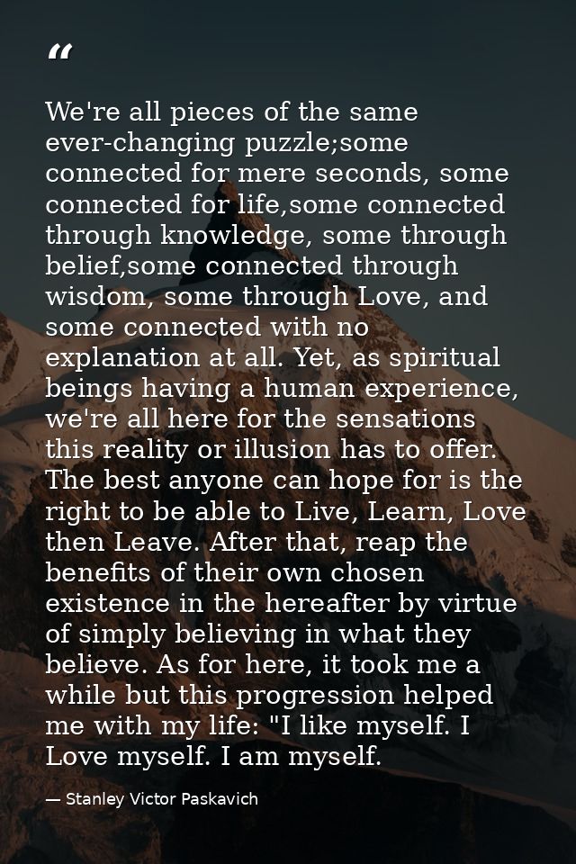 We're all pieces of the same ever-changing puzzle;some connected for mere seconds, some connected for life,some connecte — Stanley Victor Paskavich