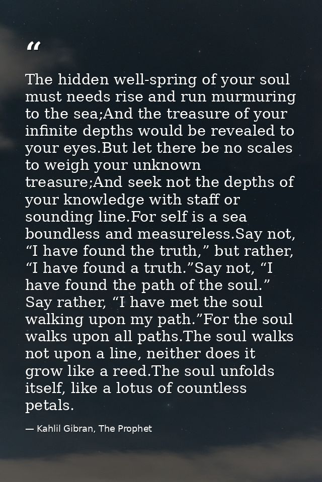 The hidden well-spring of your soul must needs rise and run murmuring to the sea;And the treasure of your infinite depth — Kahlil Gibran, The Prophet