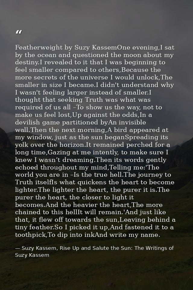 Featherweight by Suzy KassemOne evening,I sat by the ocean and questioned the moon about my destiny.I revealed to it tha — Suzy Kassem, Rise Up and Salute the Sun: The Writings of Suzy Kassem